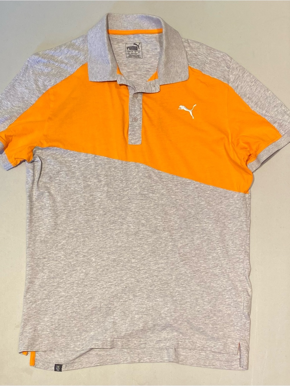 Puma Men’s Orange and Gray Diagonal Colorblock Polo, size L